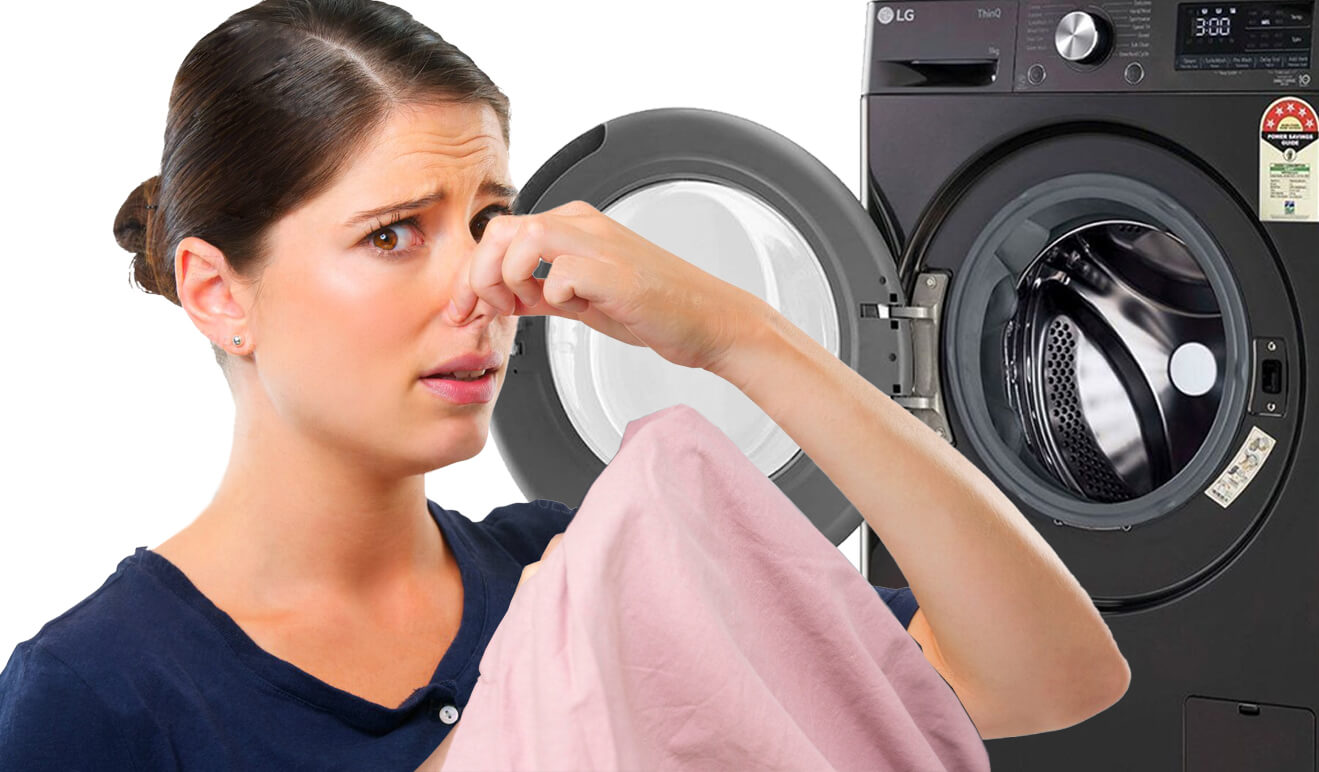 A woman smells bad odor from the washing machine's laundry