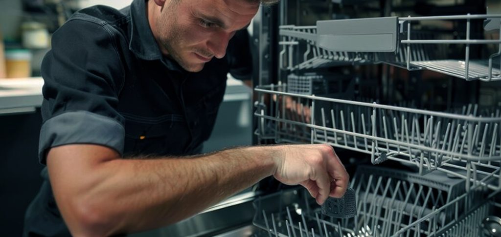 A technician attempting to fix a GE dishwasher