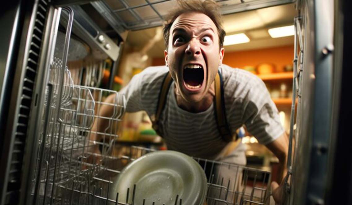 A man frustrated due to his dishwasher not working properly